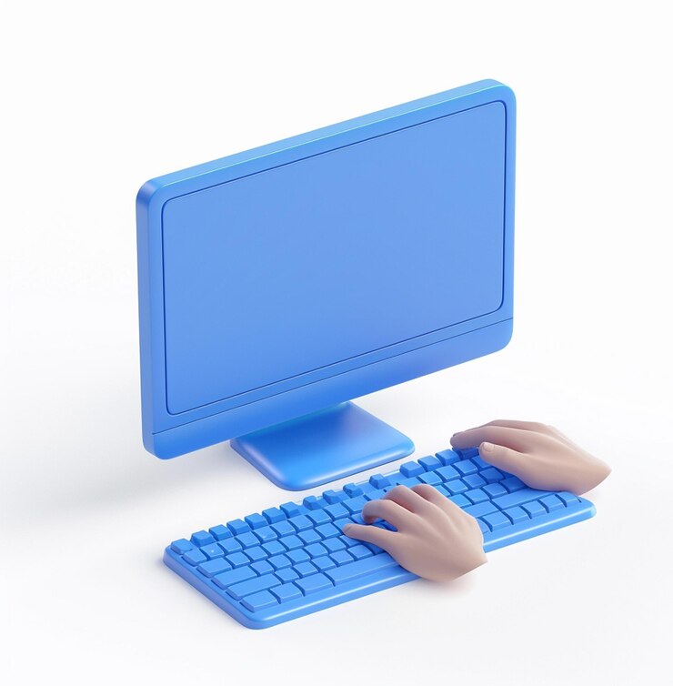 Foto un monitor de computadora azul con una mano en el teclado