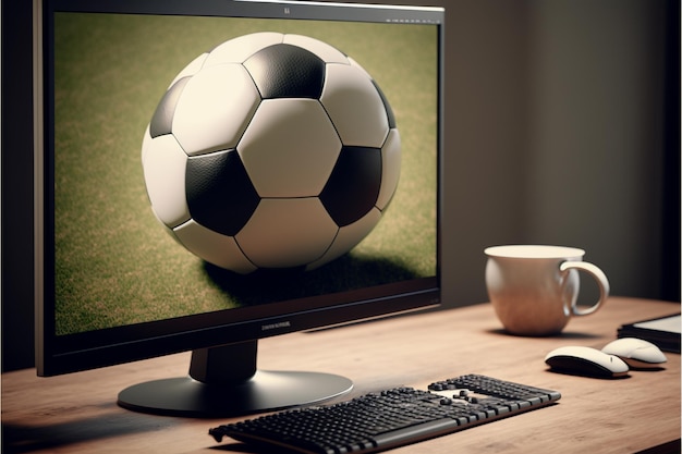 Monitor de computadora y balón de fútbol en el escritorio