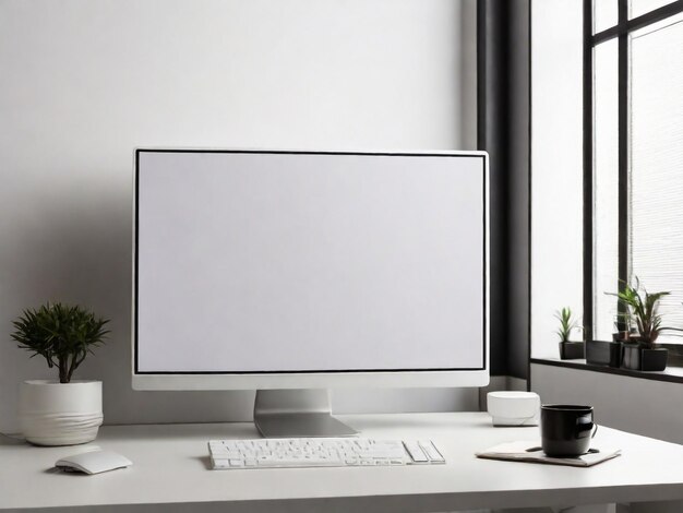 Foto un monitor de computadora blanco con un marco negro y un teclado blanco en un escritorio