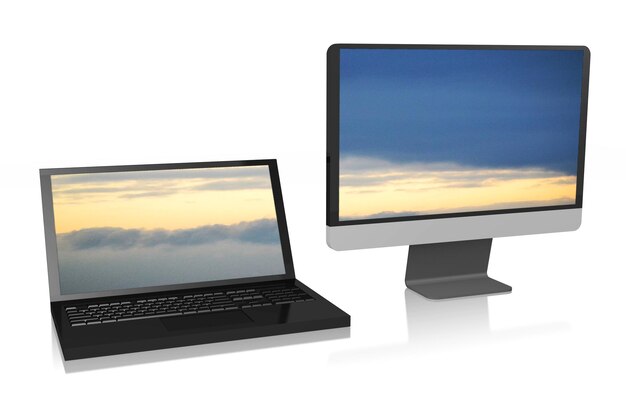 Monitor de computadora y computadora portátil con cielo en pantallas aisladas en ilustración 3D de fondo blanco