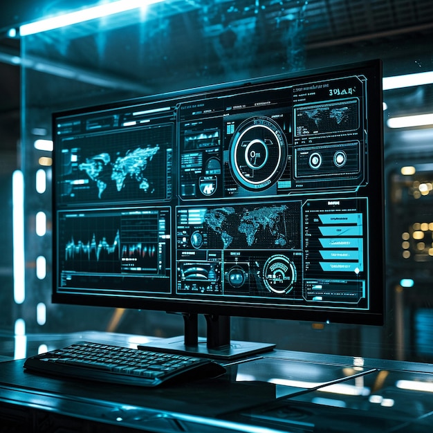 Foto monitor de computadora con cuadros gráficos tableros de mapas antecedentes tecnológicos