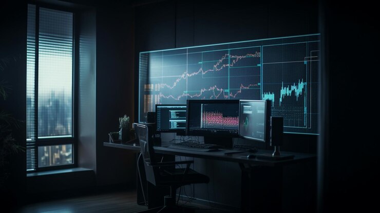 Monitor de computadora con datos bursátiles en pantalla generativa ai