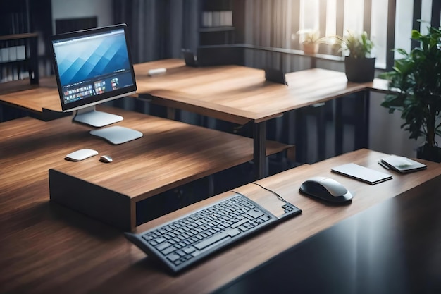Un monitor de computadora se encuentra sobre un escritorio con un teclado y un mouse.