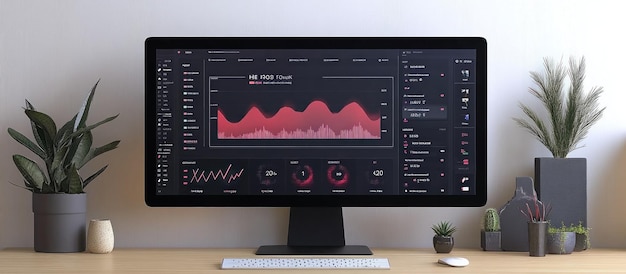 Un monitor de computadora de escritorio moderno que muestra una interfaz de usuario oscura con un gráfico de línea roja y datos