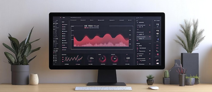 Foto un monitor de computadora de escritorio moderno que muestra una interfaz de usuario oscura con un gráfico de línea roja y datos