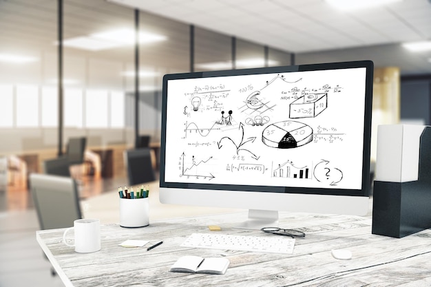 Monitor de computadora con esquema de negocios en escritorio de madera en oficina 3D Rendering