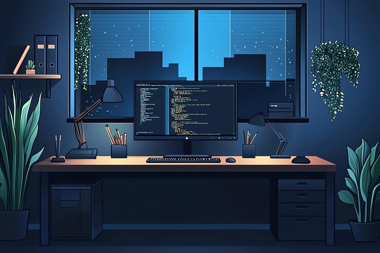 Foto un monitor de computadora está en un escritorio con la palabra "hora nocturna" en la pantalla