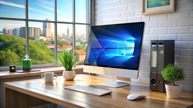 un monitor de computadora está en un escritorio con una pared de ladrillo detrás de él