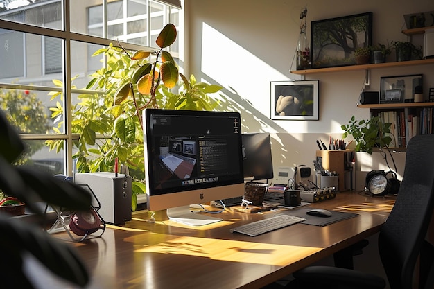 un monitor de computadora está en un escritorio con una planta en la esquina