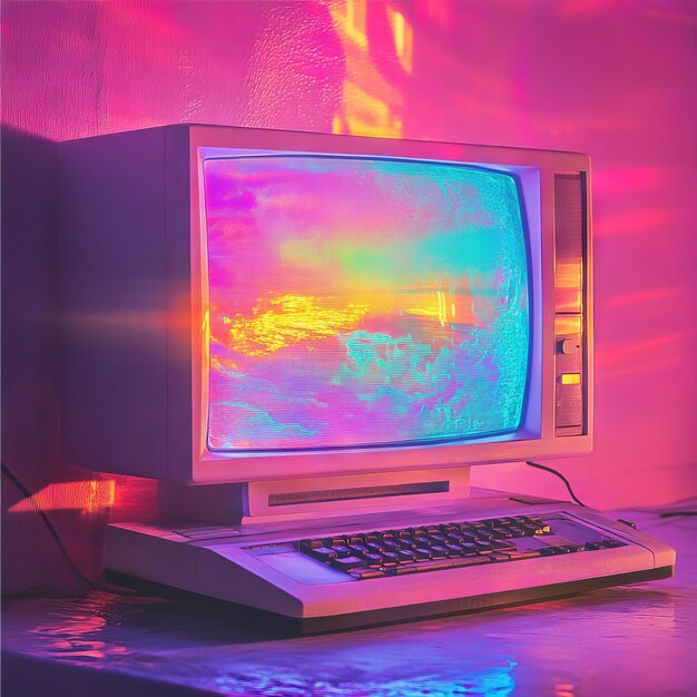 un monitor de computadora con un fondo colorido y un fondo rosa