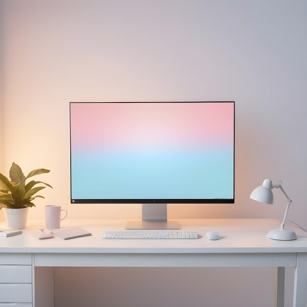 un monitor de computadora con un fondo rosa y azul y una lámpara blanca en el escritorio