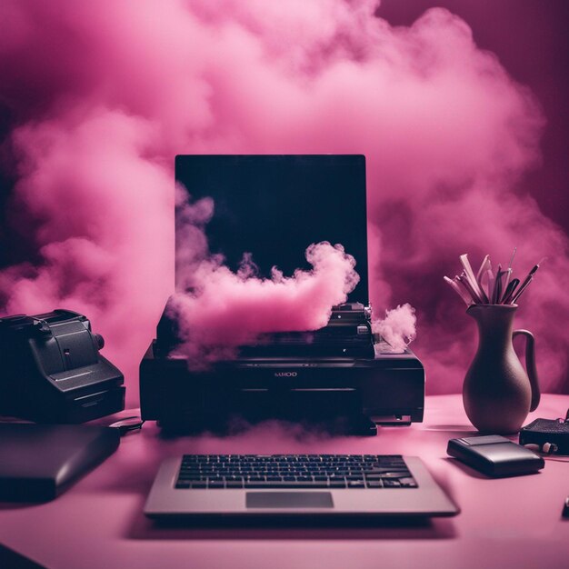 un monitor de computadora con un fondo rosa y una pantalla negra con un jarrón en él.