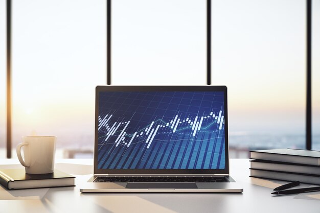 Monitor de computadora con gráfico financiero abstracto concepto de finanzas y comercio 3D Rendering