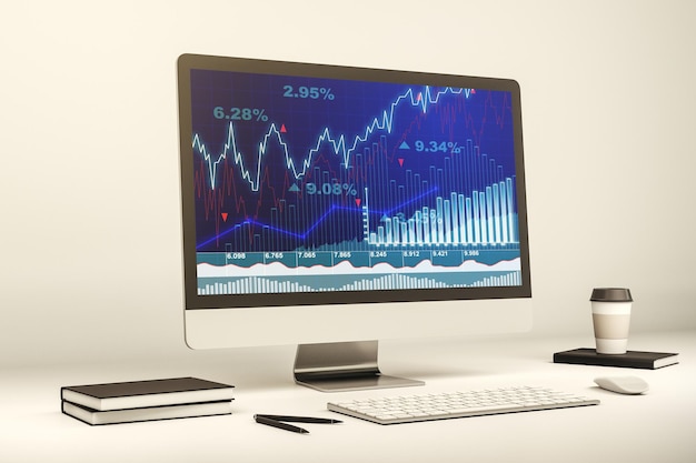 Monitor de computadora con gráfico financiero abstracto concepto de finanzas y comercio 3D Rendering