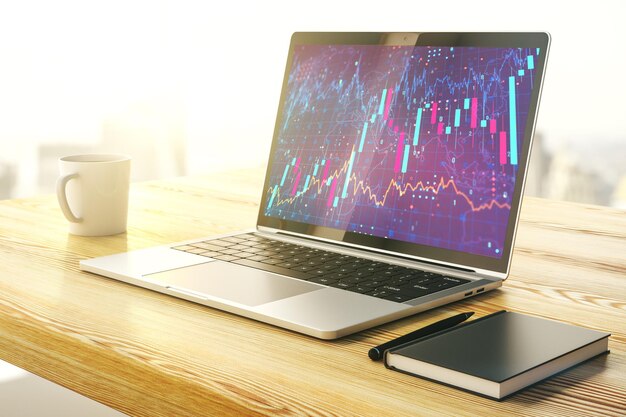 Monitor de computadora con gráfico financiero abstracto concepto de finanzas y comercio 3D Rendering