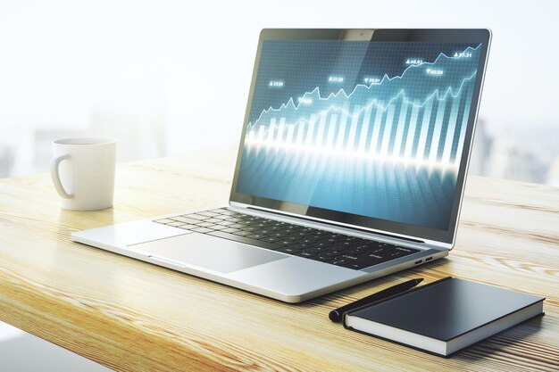 Monitor de computadora con gráfico financiero abstracto concepto de finanzas y comercio 3D Rendering
