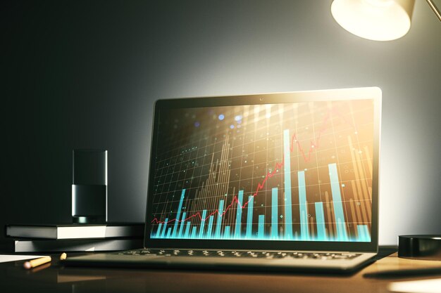 Monitor de computadora con gráfico financiero abstracto concepto de finanzas y comercio 3D Rendering