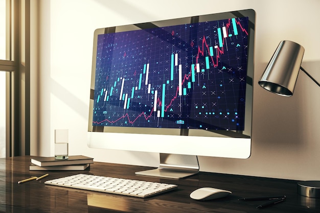 Monitor de computadora con gráfico financiero abstracto concepto de finanzas y comercio 3D Rendering