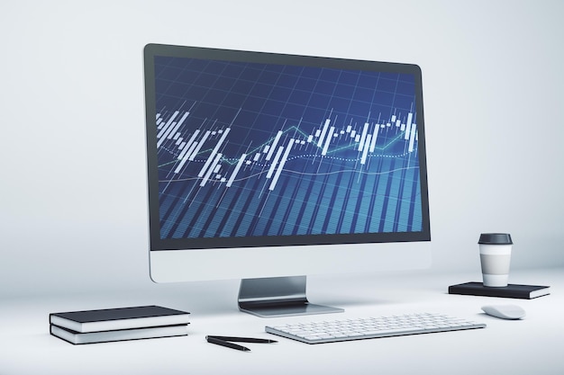 Monitor de computadora con gráfico financiero abstracto concepto de finanzas y comercio 3D Rendering