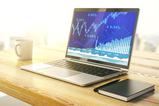 Monitor de computadora con gráfico financiero abstracto concepto de finanzas y comercio 3D Rendering