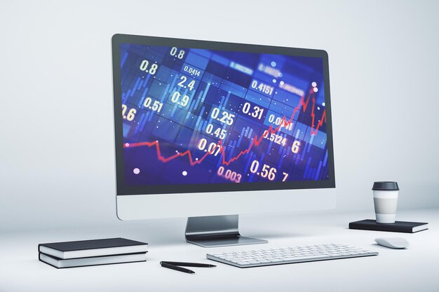 Monitor de computadora con gráfico financiero abstracto concepto de finanzas y comercio 3D Rendering