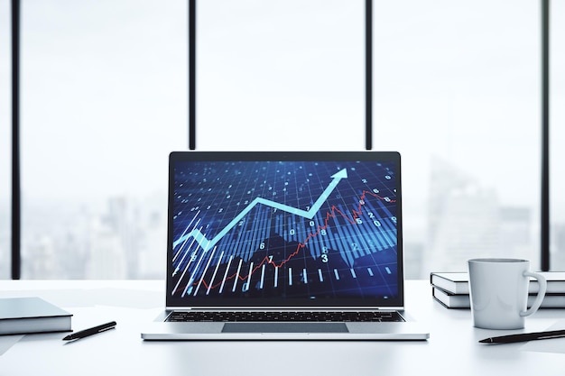 Monitor de computadora con gráfico financiero creativo abstracto y concepto financiero y comercial de flecha hacia arriba Representación 3D