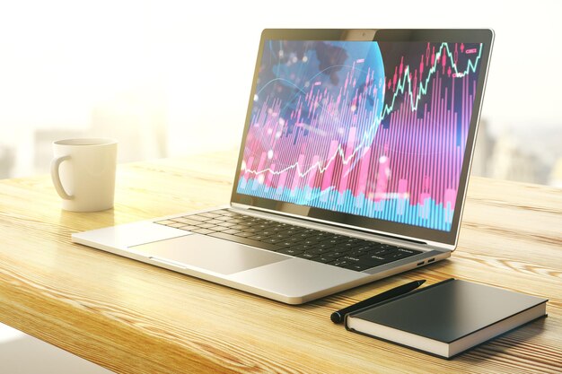 Monitor de computadora con gráfico financiero creativo abstracto con mapa mundial concepto financiero y comercial Representación 3D