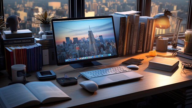 un monitor de computadora con un horizonte de la ciudad en el fondo