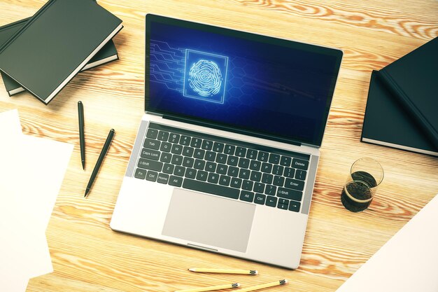 Monitor de computadora con ilustración creativa abstracta de huellas dactilares concepto de datos biométricos personales Representación 3D