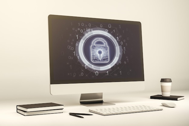 Monitor de computadora con ilustración creativa de bloqueo de luz y microcircuito, concepto de seguridad cibernética. Representación 3D