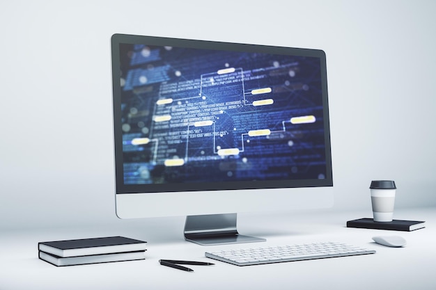 Monitor de computadora con ilustración de programación creativa abstracta concepto de big data y blockchain