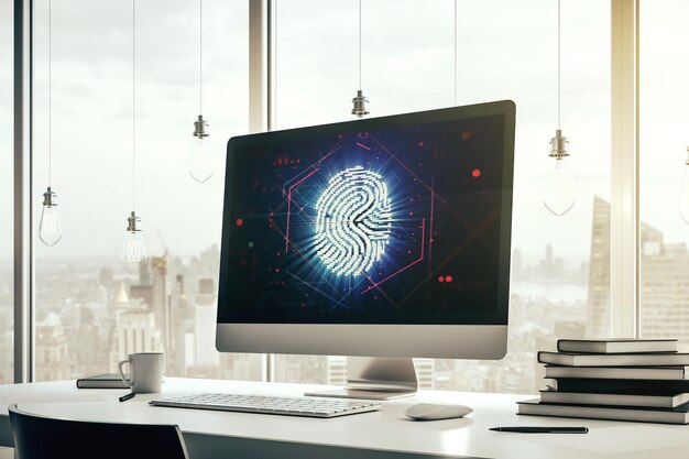 Monitor de computadora con interfaz de escaneo de huellas dactilares abstracta concepto de acceso digital 3D Rendering