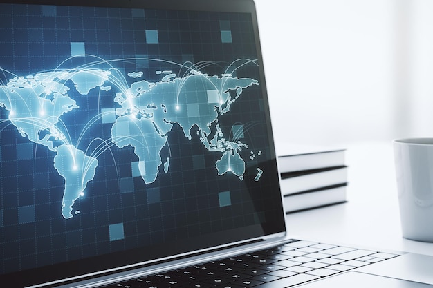 Monitor de computadora con mapa mundial digital gráfico abstracto con conexiones concepto de globalización 3D Rendering