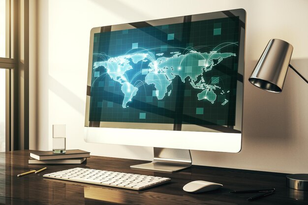Monitor de computadora con mapa mundial digital gráfico abstracto con conexiones concepto de globalización 3D Rendering