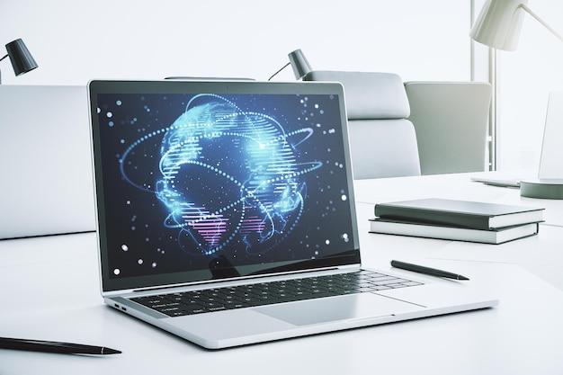 Monitor de computadora con mapa mundial digital gráfico abstracto con conexiones concepto de globalización 3D Rendering
