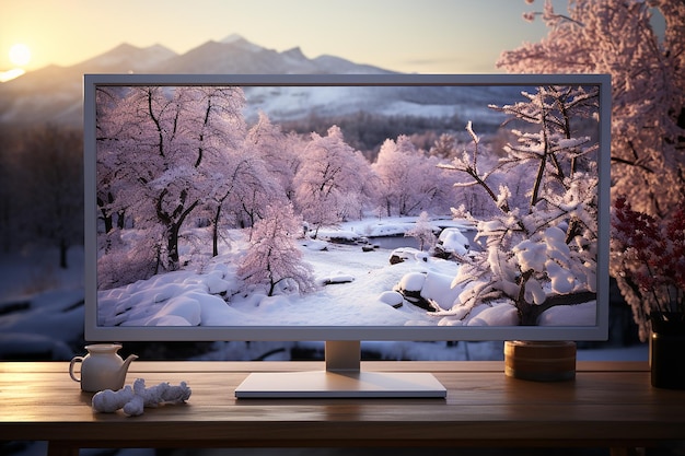 Monitor de computadora en una mesa frente a una ventana en un jardín de invierno nevado