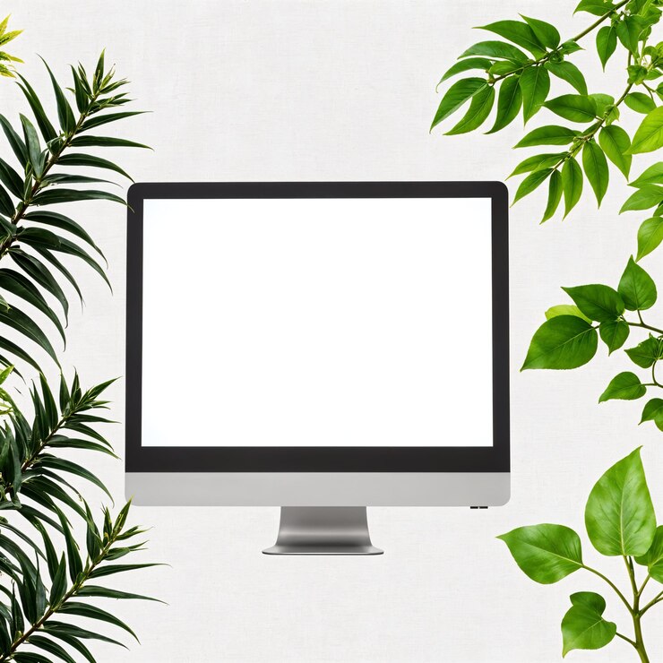Foto un monitor de computadora minimalista rodeado de follaje verde