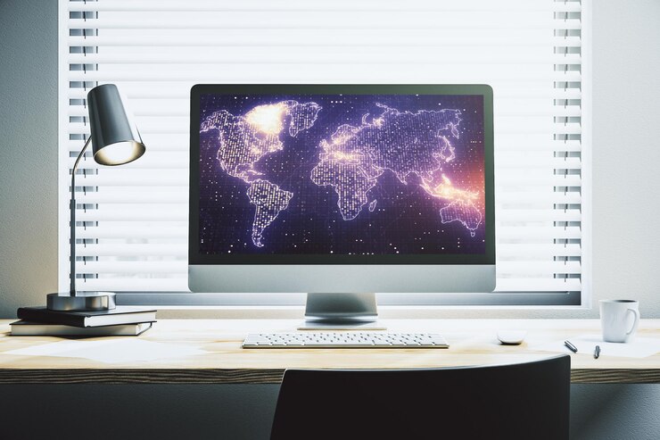 Foto monitor de computadora moderno con concepto abstracto de investigación de mapas del mundo digital y estrategia representación 3d