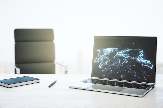 Monitor de computadora moderno con concepto abstracto de investigación de mapas del mundo digital y estrategia Representación 3D