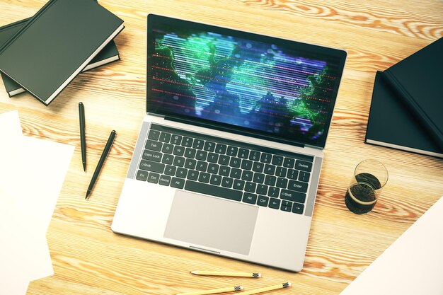 Monitor de computadora moderno con concepto abstracto de investigación de mapas del mundo digital y estrategia Representación 3D