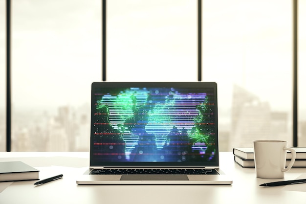 Monitor de computadora moderno con concepto abstracto de investigación de mapas del mundo digital y estrategia Representación 3D