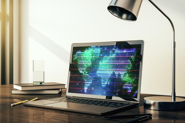 Monitor de computadora moderno con concepto abstracto de investigación de mapas del mundo digital y estrategia Representación 3D