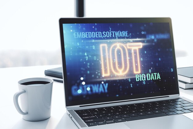 Monitor de computadora moderno con concepto creativo de investigación y desarrollo de hologramas IOT 3D Rendering