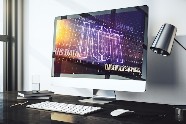 Monitor de computadora moderno con concepto creativo de investigación y desarrollo de hologramas IOT 3D Rendering