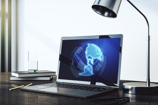 Monitor de computadora moderno con concepto de estrategia e investigación de mapas de América Representación 3D
