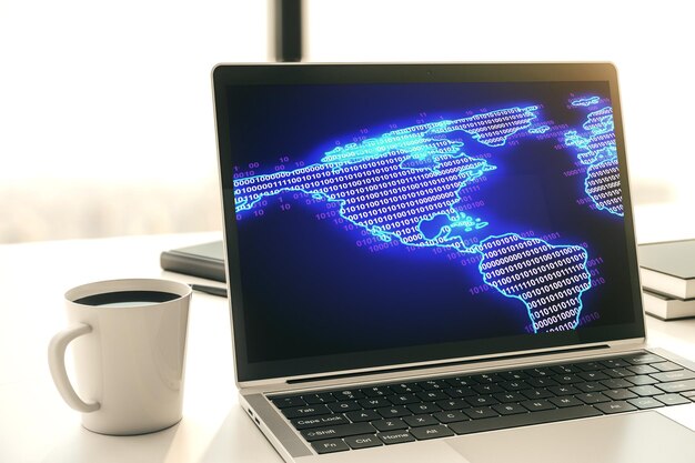 Monitor de computadora moderno con concepto de estrategia e investigación de mapas de América Representación 3D