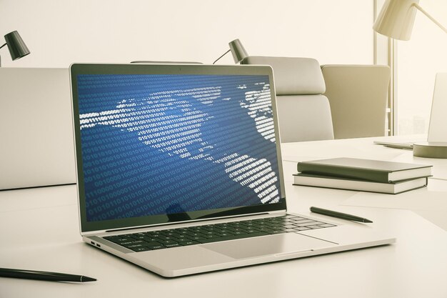 Monitor de computadora moderno con concepto de estrategia e investigación de mapas de América Representación 3D