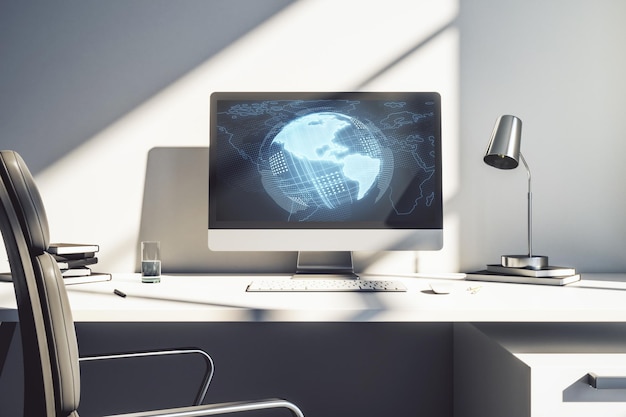 Monitor de computadora moderno con concepto de estrategia e investigación de mapas de América Representación 3D