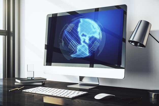 Monitor de computadora moderno con concepto de estrategia e investigación de mapas de América Representación 3D