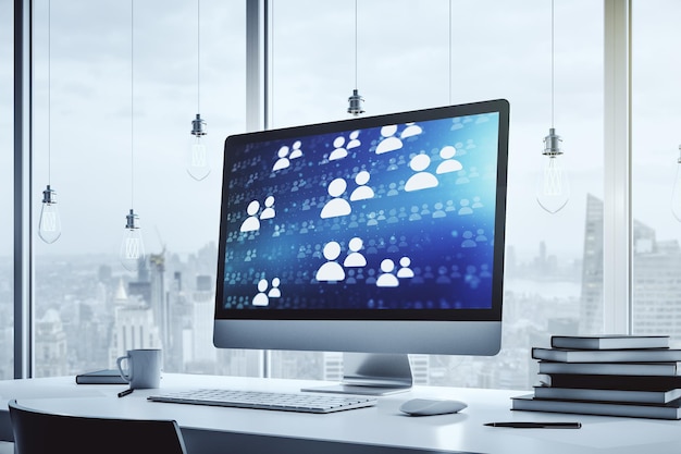 Monitor de computadora moderno con concepto de iconos de redes sociales Concepto de marketing y promoción Representación 3D
